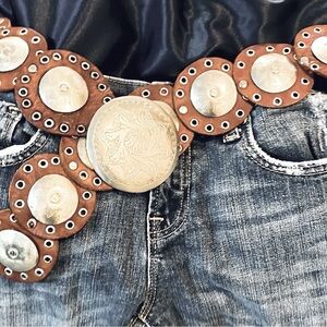 Leather Grommet Studded Hip Belt Conchos Brown Silver Round Disc 1970’s Boho